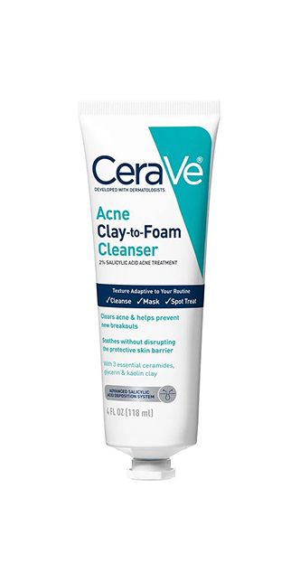 Tube of CeraVe Acne Clay-to-Foam Cleanser with 2% salicylic acid for acne treatment