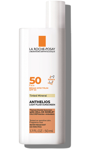 Bottle of La Roche-Posay Anthelios Mineral SPF 50 Tinted Sunscreen, ideal for sensitive skin with a matte finish.