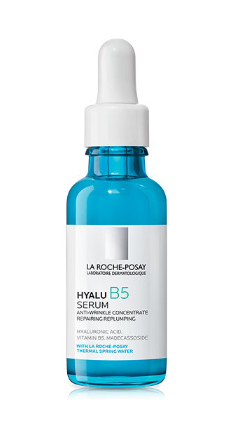 Bottle of La Roche-Posay Hyalu B5 anti-aging serum with blue liquid and white label
