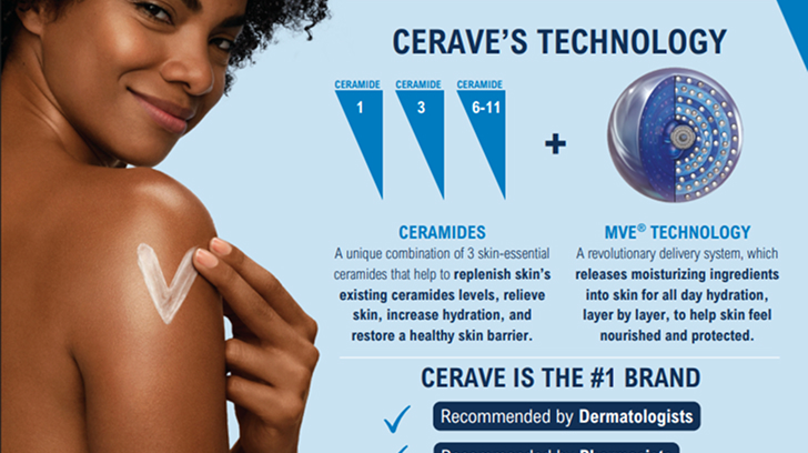 A woman with curly hair smiling and applying lotion to her shoulder, alongside a graphic explaining CeraVe’s ceramides and MVE technology.